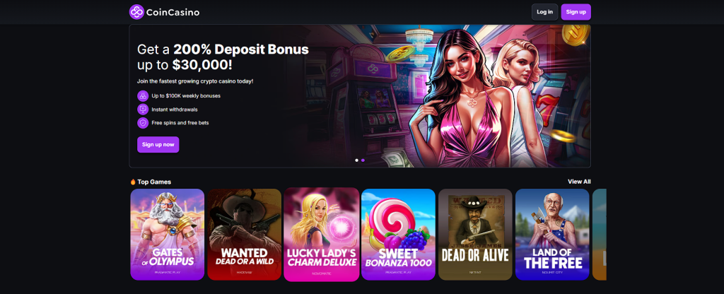 CoiNCasino index page featuring $30,000 welcome offer and top games in 2025 Coincasino - best online casinos canada