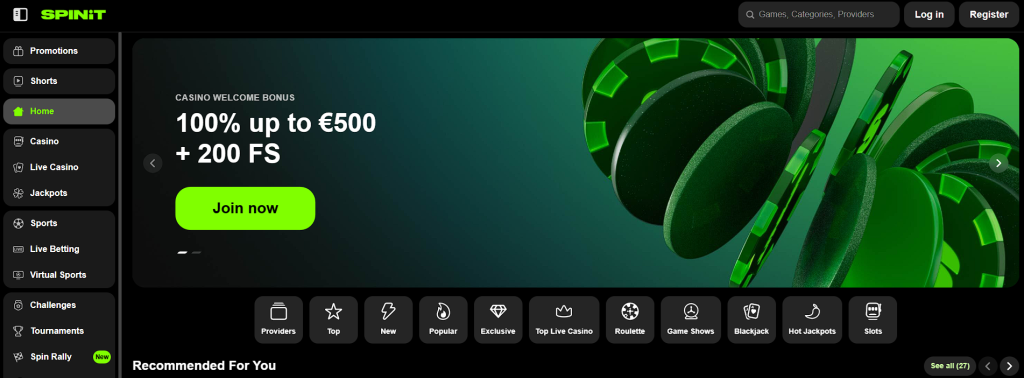 Spinit landing page with 500 euro welcome offer and main menu Spinit - best online casinos canada