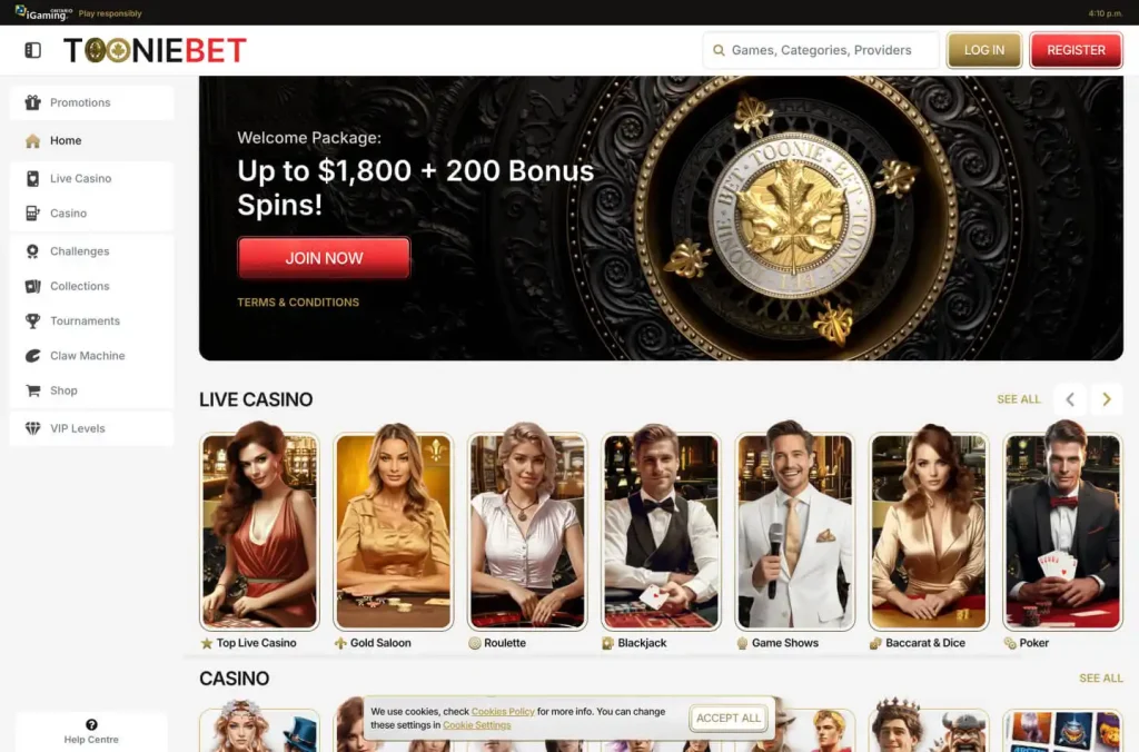 Screenshot of Toonibet's home page featuring welcome bonus and live casino section tooniebet home page