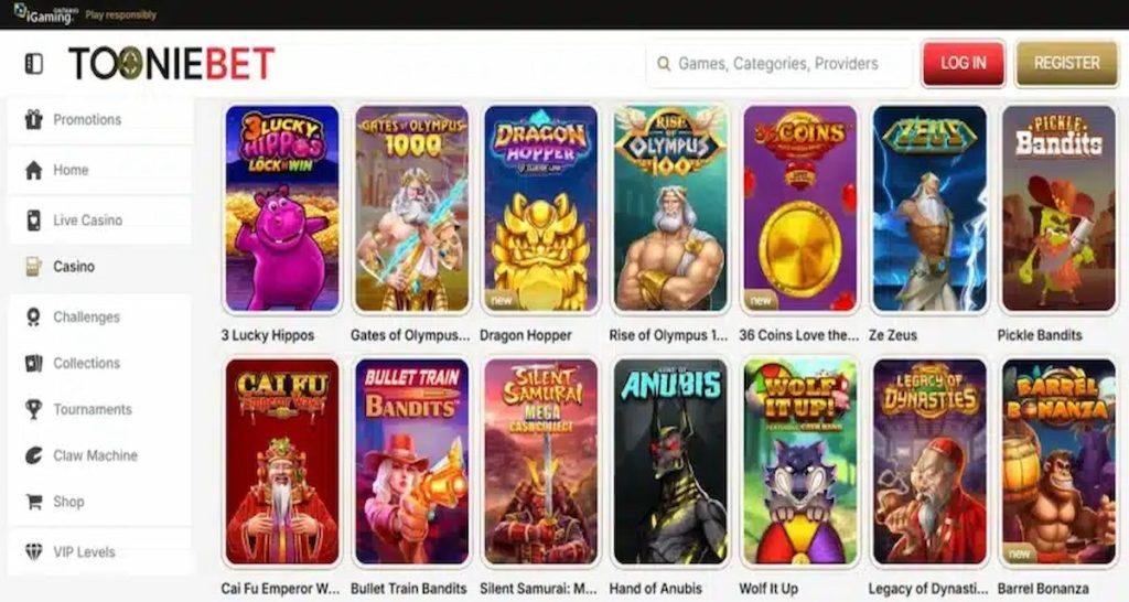 Screenshot of TOONIEBET online casino homepage featuring a grid of colorful slot games like Gates of Olympus 1000, Dragon Hopper, and Silent Samurai. Left-side menu includes Promotions, Live Casino, Tournaments, and VIP Levels. Top bar shows login, registration, and search options.