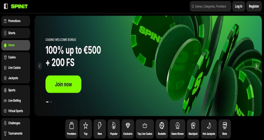 Screenshot of SPINiT online casino homepage featuring a green-black interface, navigation menu with categories like Casino, Sports, and Jackpots, and a welcome bonus offer of 100% up to €500 plus 200 free spins